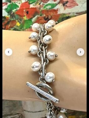 Vintage Silver And Pearl Charm Toggle Bracelet - White Pearls